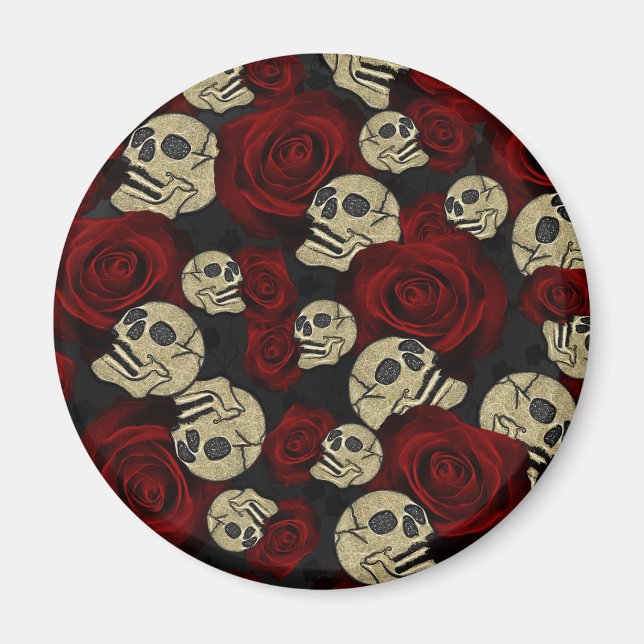 Red Roses & Skulls Grey Black Floral Gothic Magnet (Front)