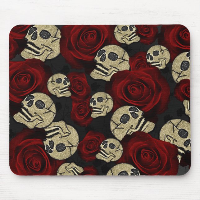 Red Roses & Skulls Grey Black Floral Gothic Mouse Mat (Front)