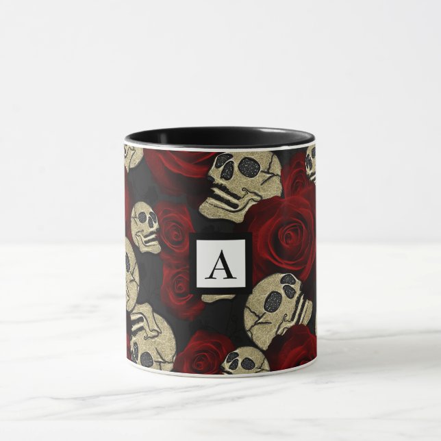 Red Roses & Skulls Grey Black Floral Gothic Mug (Center)