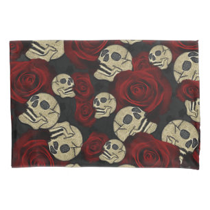 Red Roses & Skulls Grey Black Floral Gothic Pillowcase