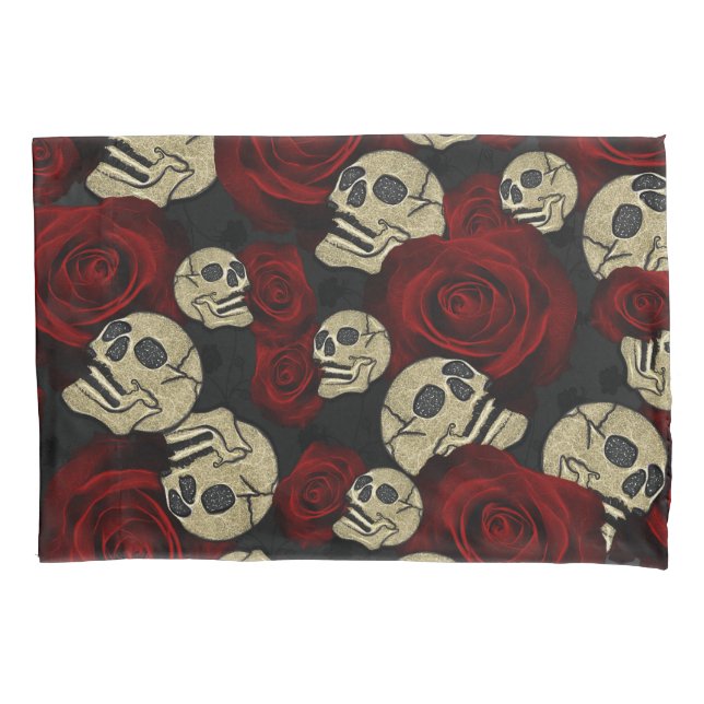 Red Roses & Skulls Grey Black Floral Gothic Pillowcase (Front)