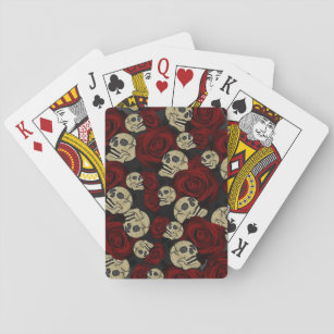 Red Roses & Skulls Grey Black Floral Gothic Playing Cards