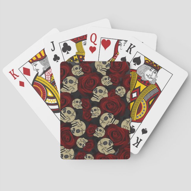 Red Roses & Skulls Grey Black Floral Gothic Playing Cards (Back)
