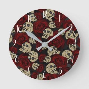 Red Roses & Skulls Grey Black Floral Gothic Round Clock