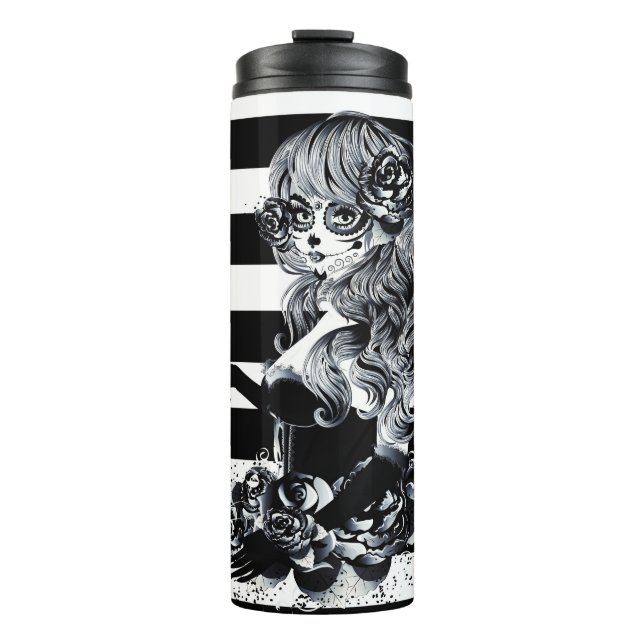 Red Roses & Skulls Grey Black Floral Gothic Thermal Tumbler (Front)