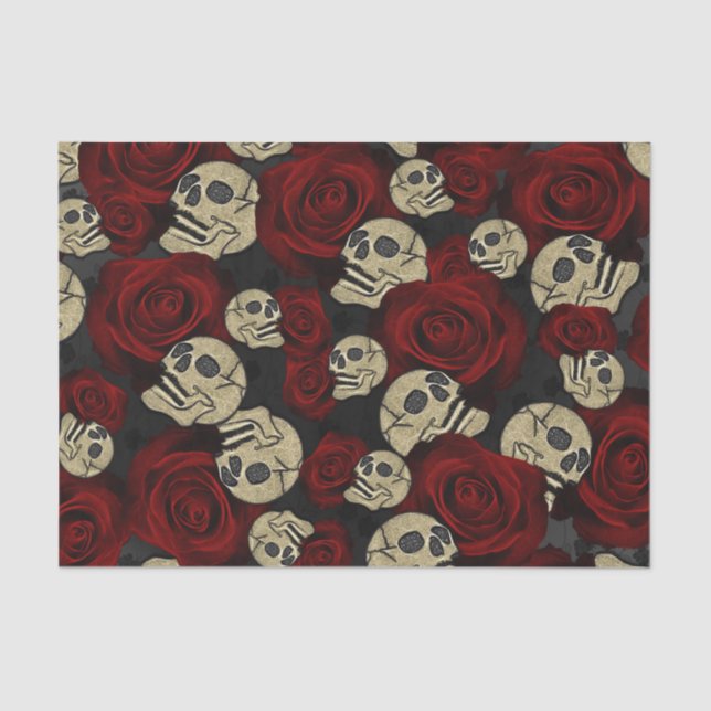 Red Roses & Skulls Grey Black Floral Gothic Tissue Paper (Front)
