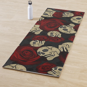 Red Roses & Skulls Grey Black Floral Gothic Yoga Mat