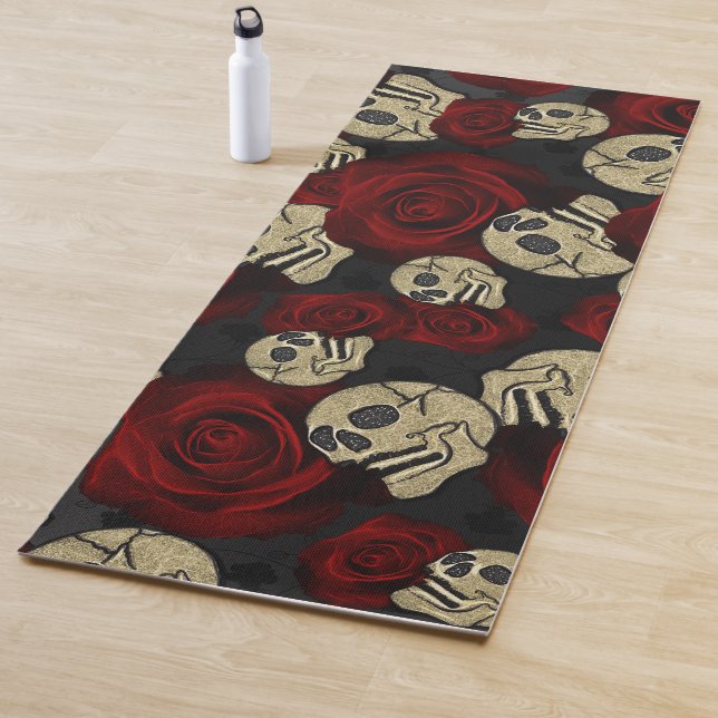 Red Roses & Skulls Grey Black Floral Gothic Yoga Mat (In Situ)