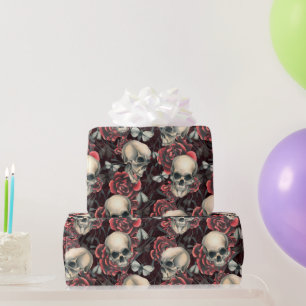 Red Roses & Skulls Spooky Halloween Pattern Wrapping Paper