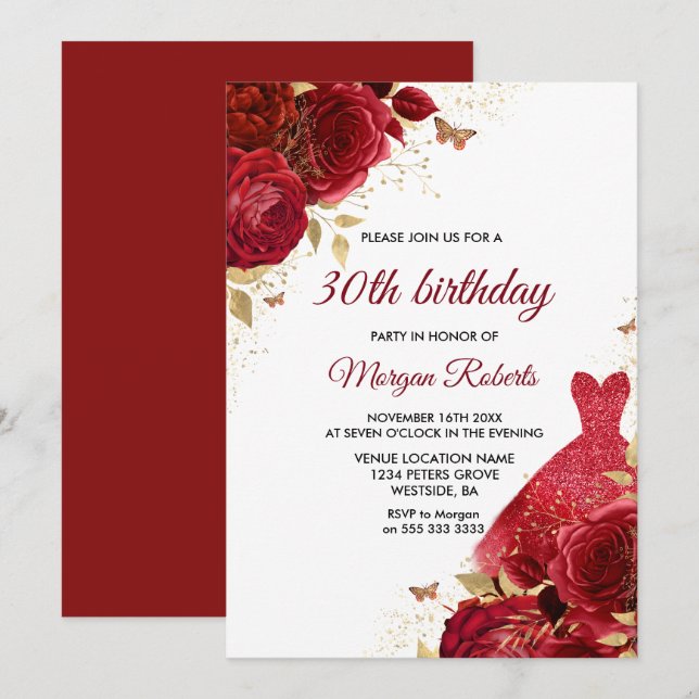 Red Roses Sparkle Dress 30th Birthday Party Invitation (Front/Back)