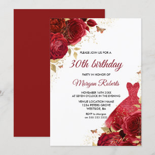 Red Roses Sparkle Dress 30th Birthday Party Invitation