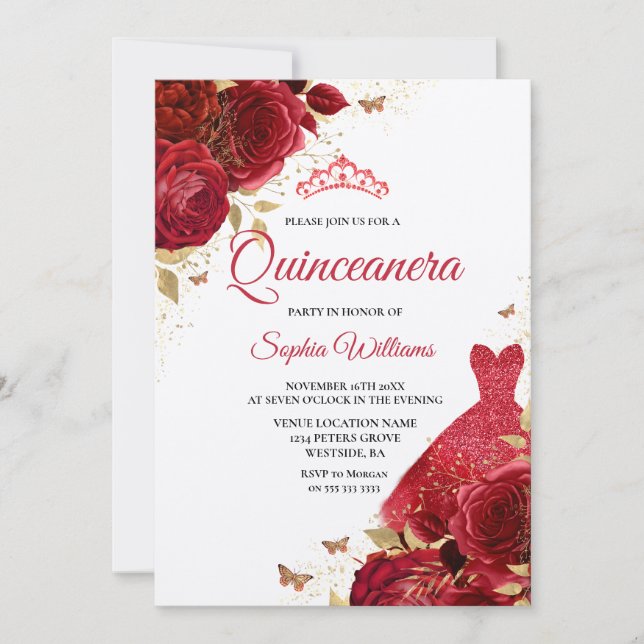 Red Roses Sparkle Dress Shimmer Quinceanera Party Invitation (Front)