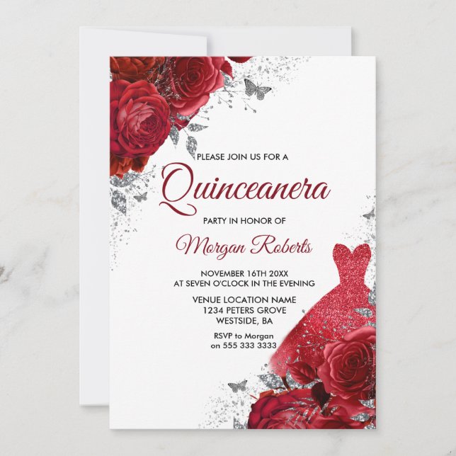 Red Roses Sparkle Dress Silver Quinceanera Invitation (Front)