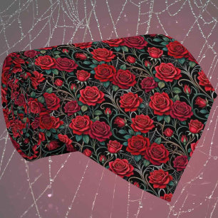Red Roses & Spider Webs Gothic Art Nouveau Tie