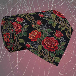 Red Roses & Spider Webs Gothic Art Nouveau Tie