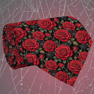 Red Roses & Spider Webs Gothic Neck Tie
