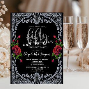 Red Roses,Stripes Gothic 50th Birthday Invitation