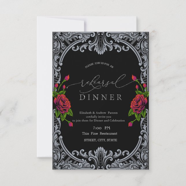 Red Roses,Stripes Gothic Rehearsal Dinner   Invitation (Front)