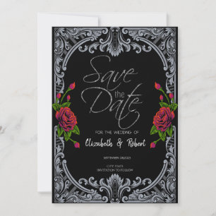 Red Roses,Stripes Gothic Save The Date Card
