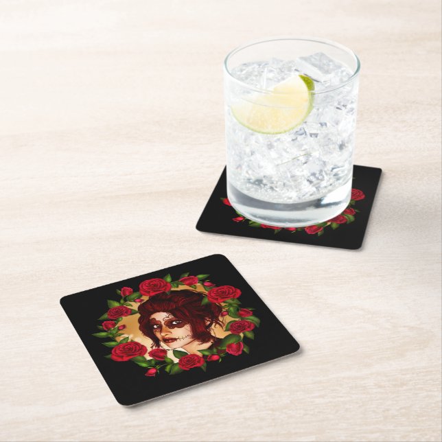 Red Roses Sugar Doll Square Paper Coaster (Insitu)