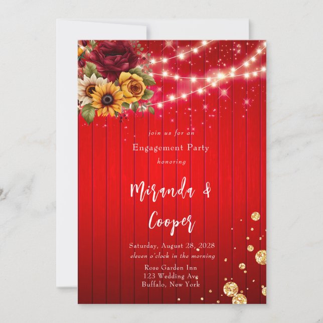 Red roses sunflower light glitter engagement party invitation (Front)