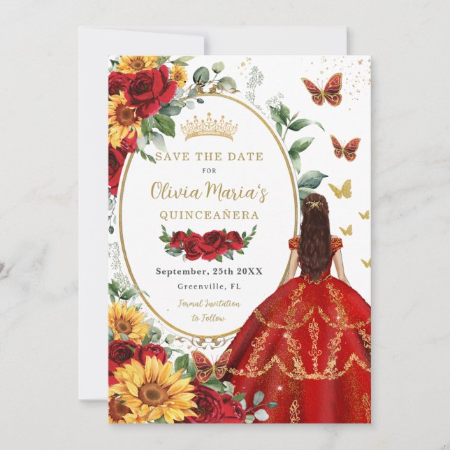 Red Roses Sunflower Princess Gold Quinceañera Save The Date (Front)
