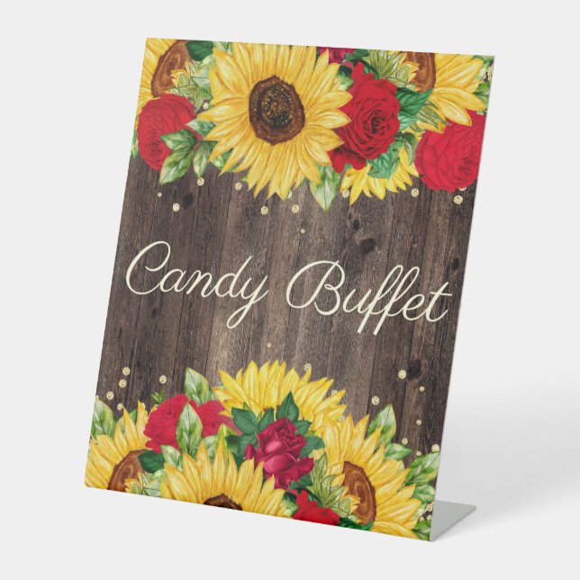 Red Roses Sunflowers Birthday Party Candy Buffet Pedestal Sign (Front)