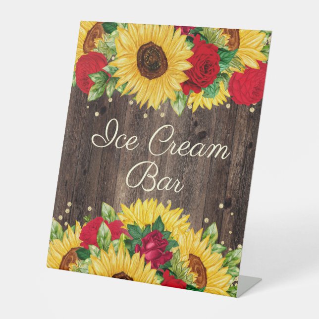 Red Roses Sunflowers Birthday Party Ice Cream Bar Pedestal Sign (Front)