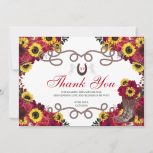 Red Roses Sunflowers Charro Quinceanera Thank You