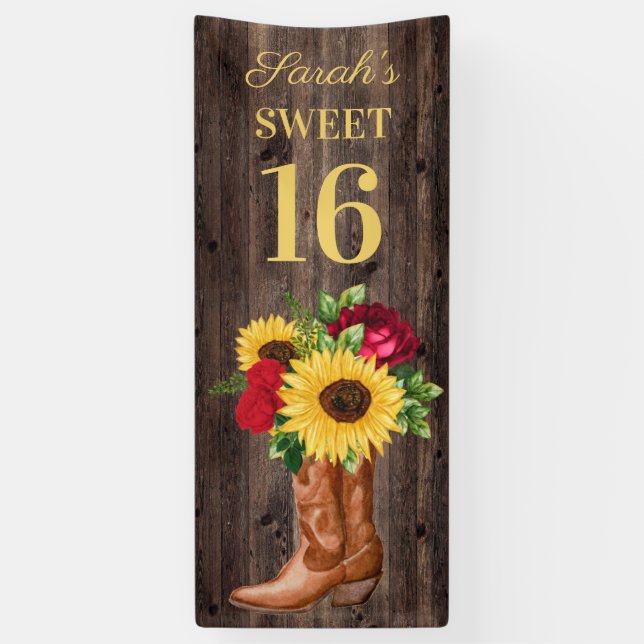 Red Roses Sunflowers Cowboy Boots Sweet 16 Banner (Vertical)