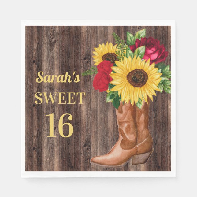 Red Roses Sunflowers Cowboy Boots Sweet 16  Napkin (Front)
