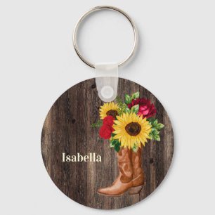 Red Roses Sunflowers Cowgirl Boots Name Key Ring
