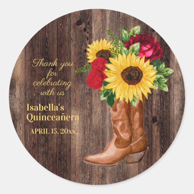Red Roses Sunflowers Cowgirl Boots Quinceanera    Classic Round Sticker (Front)