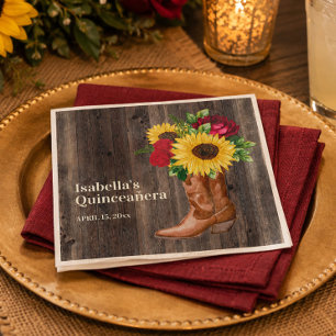 Red Roses Sunflowers Cowgirl Boots Quinceanera Napkin