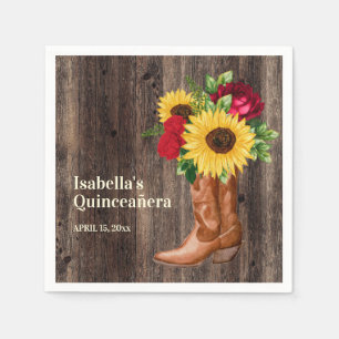 Red Roses Sunflowers Cowgirl Boots Quinceanera  Napkin