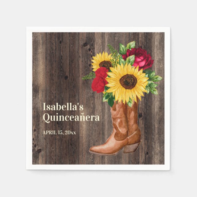 Red Roses Sunflowers Cowgirl Boots Quinceanera  Napkin (Front)