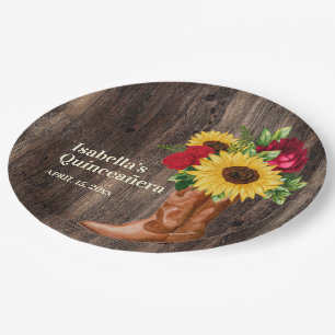 Red Roses Sunflowers Cowgirl Boots Quinceanera Paper Plate