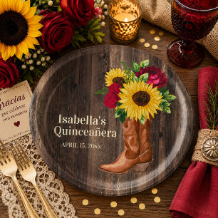 Red Roses Sunflowers Cowgirl Boots Quinceanera Paper Plate