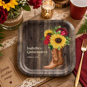 Red Roses Sunflowers Cowgirl Boots Quinceanera Paper Plate