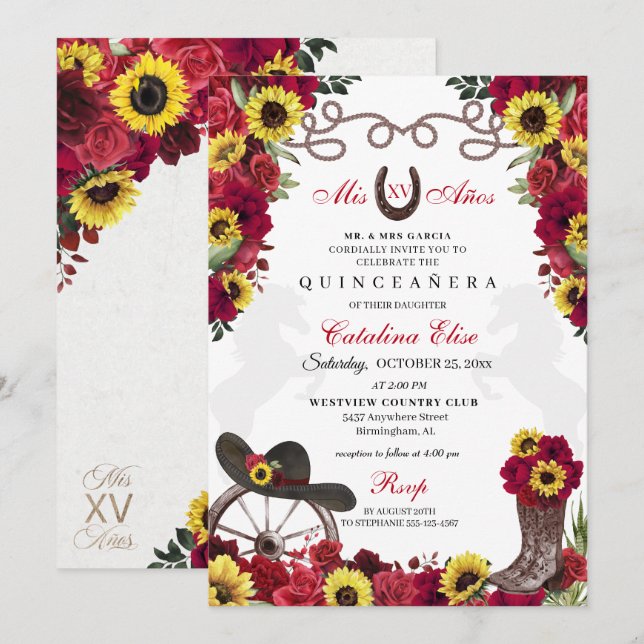 Red Roses Sunflowers Cowgirl Quinceanera Invitation (Front/Back)