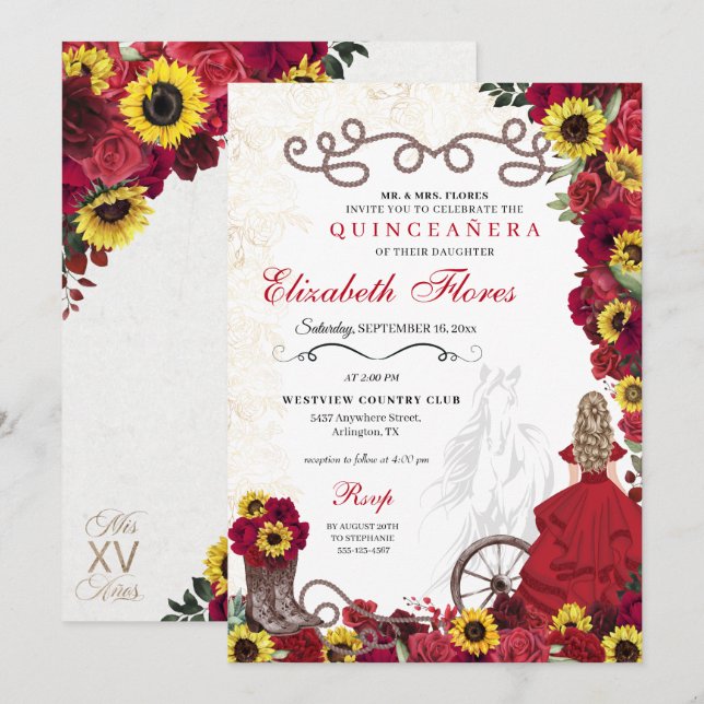 Red Roses Sunflowers Cowgirl Western Quinceanera Invitation (Front/Back)