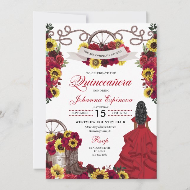 Red Roses Sunflowers Cowgirl Western Quinceanera Invitation (Front)