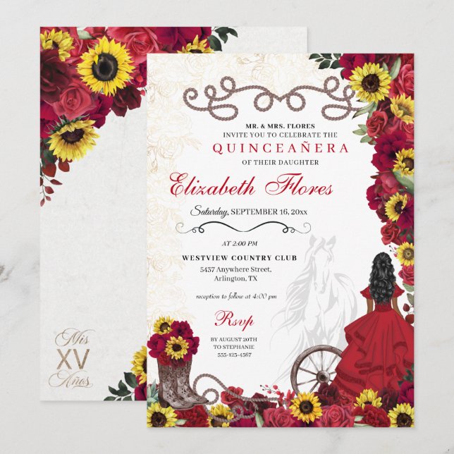 Red Roses Sunflowers Cowgirl Western Quinceanera Invitation (Front/Back)
