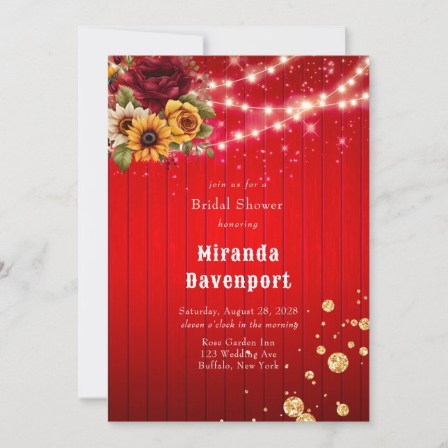 Red roses sunflowers light glitter bridal shower invitation (Front)