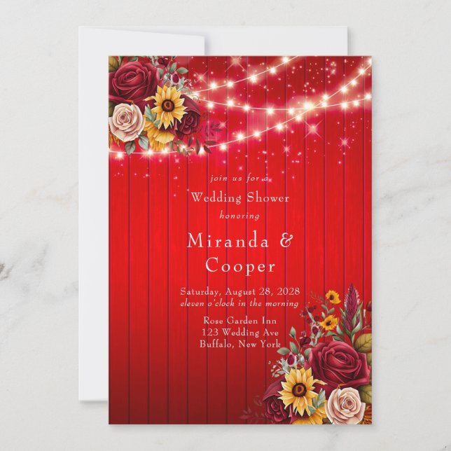 Red roses sunflowers lights wedding shower invitation (Front)