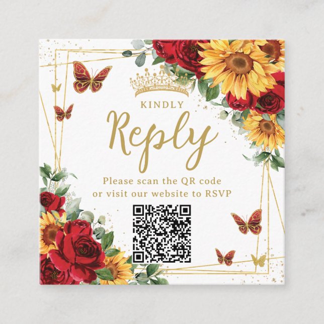 Red Roses Sunflowers Quinceanera RSVP QR Code Enclosure Card (Front)