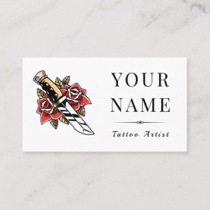 Red Roses & Sward Tattoo Artist Salon Modern Plain Business Card