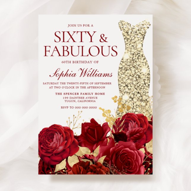 Red Roses & Text Gold Dress 60th Birthday Party Invitation (Creator Uploaded)