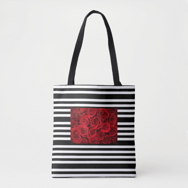 Red roses tote bag on blak white stripes (Front)
