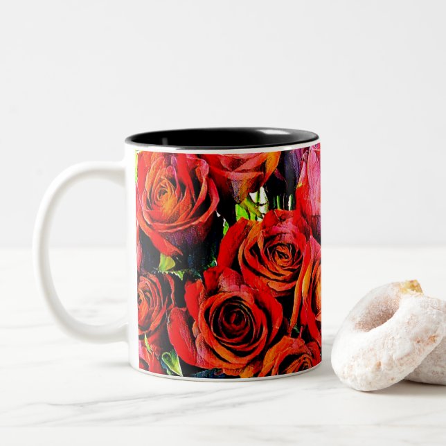 Red Roses Two-Tone Coffee Mug (With Donut)